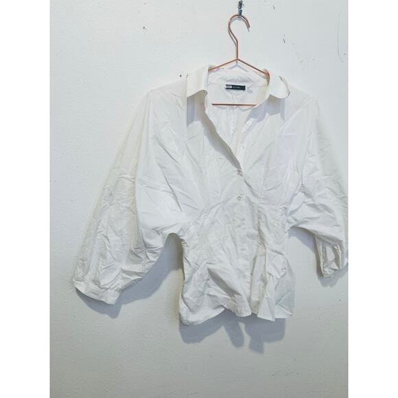 NATORI White Peplum Hem Voluminous Sleeves Techno Polplin Blouse Top Size 4 - Picture 5 of 11